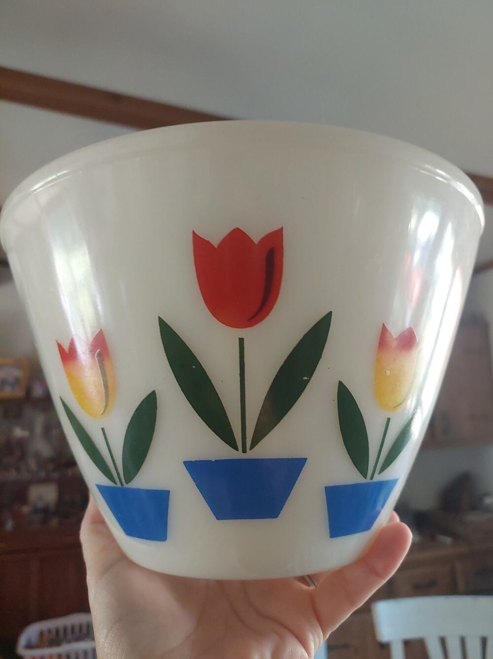 Vintage MCM Fire King Glass Mixing Bowl Tulip Floral Pattern 9 1/2